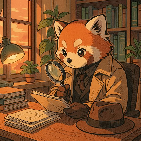 Fichier:Cr er un Escape Game Un d tective panda roux dans un style manga assis dans un bureau chaleureux et color . Il porte un .jpeg